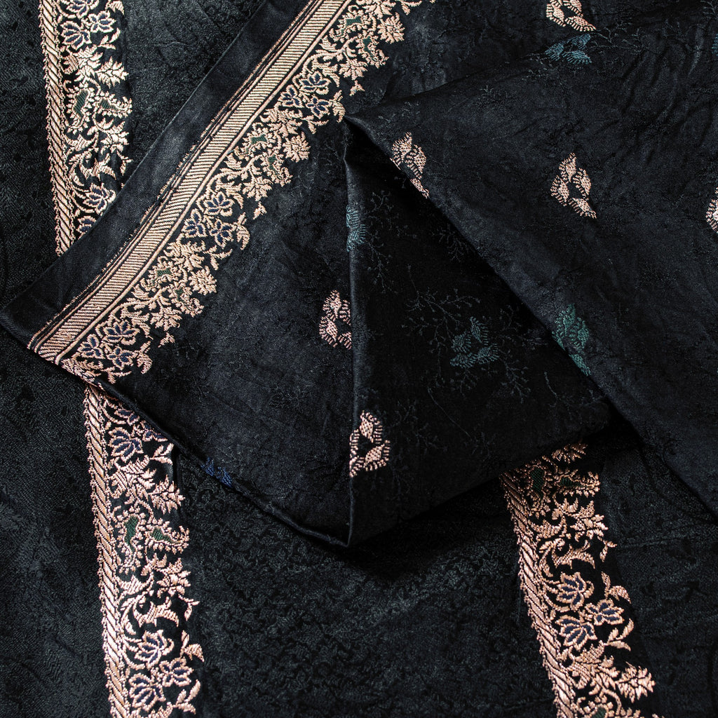 Sanskriti Vintage Black Pure Satin Sarees Zari Hand Woven Brocade Banarasi 5+YD
