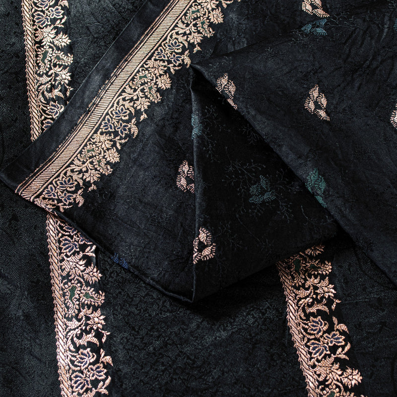 Sanskriti Vintage Saree Black 100% Pure Satin Silk 5+Yd Sari Zari Hand Woven Brocade Banarasi Uses-Table linen, Cushions, Curtain,Dressing
