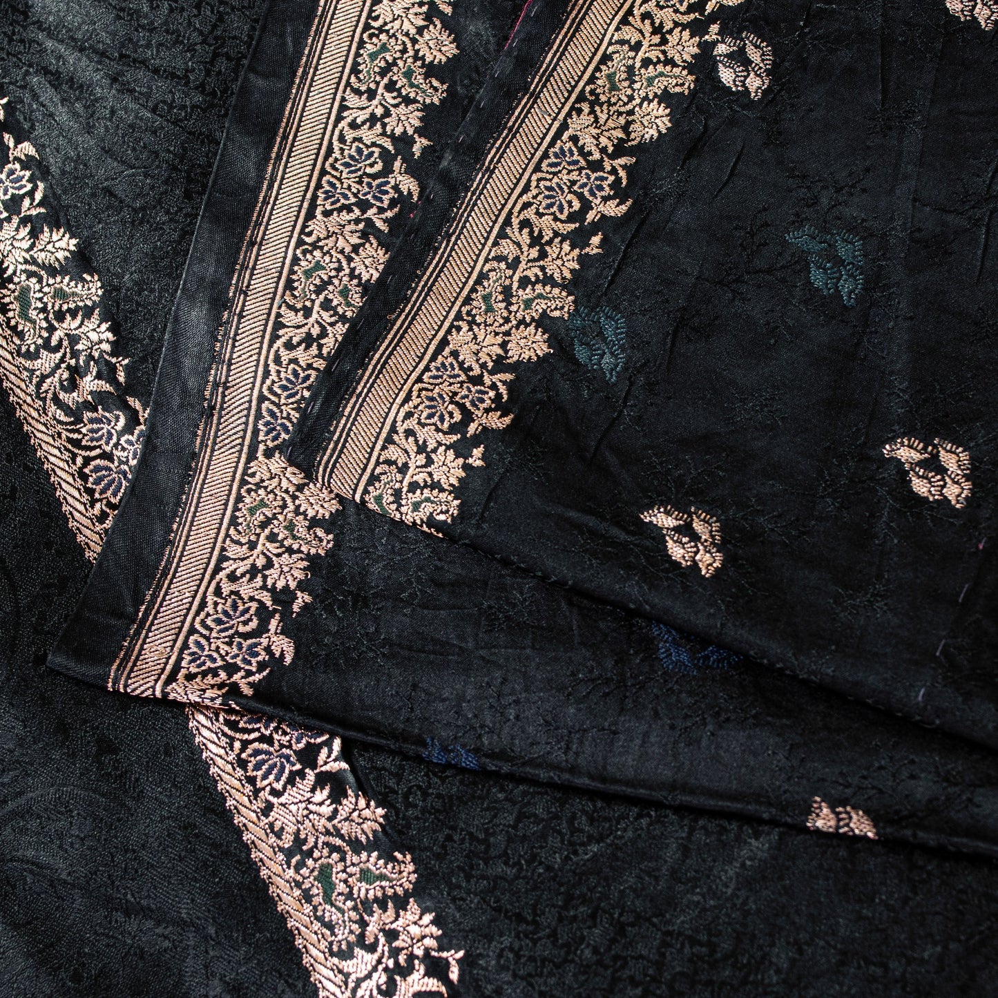 Sanskriti Vintage Black Pure Satin Sarees Zari Hand Woven Brocade Banarasi 5+YD