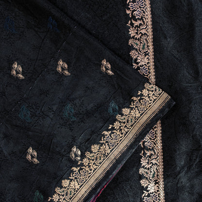 Sanskriti Vintage Black Pure Satin Sarees Zari Hand Woven Brocade Banarasi 5+YD