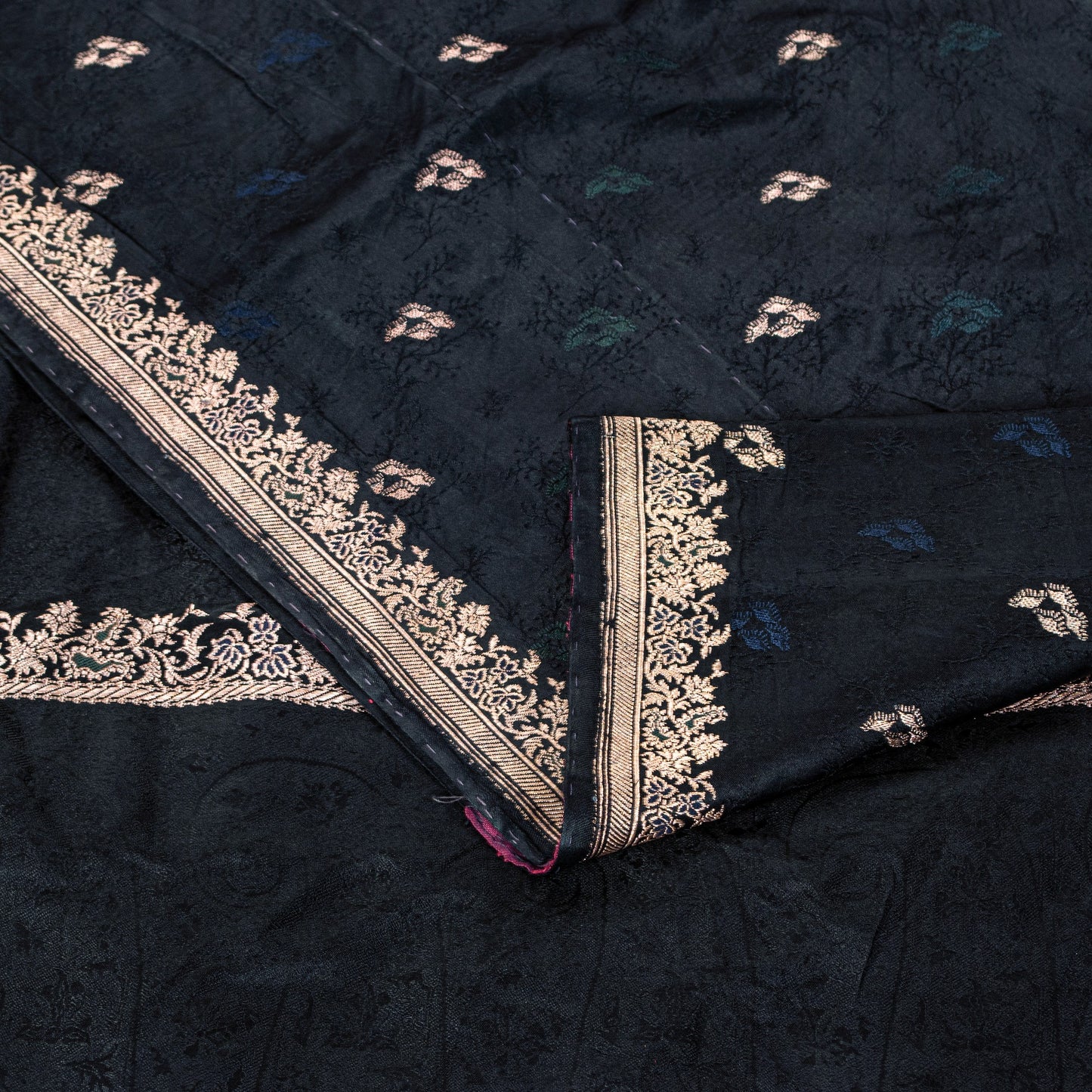 Sanskriti Vintage Black Pure Satin Sarees Zari Hand Woven Brocade Banarasi 5+YD