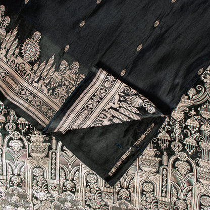 Sanskriti Vintage Saree Black 100% Pure Satin Silk 6+YD Sari Banarasi Brocade Zari Hand-Woven Home Decor, Sewing, DIY Projects, Upcycling