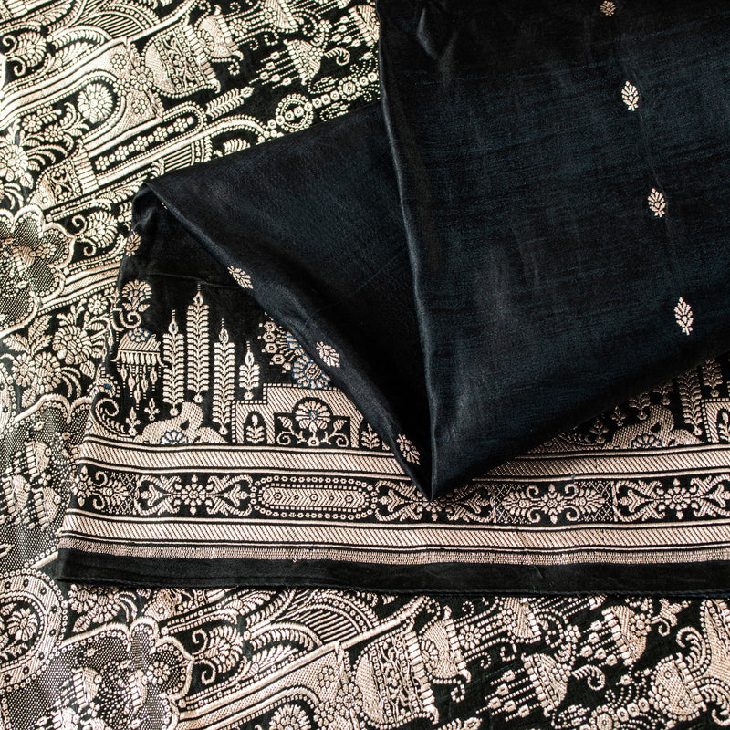 Sanskriti Vintage Saree Black 100% Pure Satin Silk 6+YD Sari Banarasi Brocade Zari Hand-Woven Home Decor, Sewing, DIY Projects, Upcycling