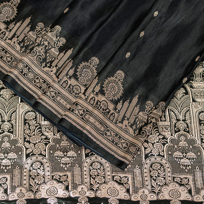 Sanskriti Vintage Saree Black 100% Pure Satin Silk 6+YD Sari Banarasi Brocade Zari Hand-Woven Home Decor, Sewing, DIY Projects, Upcycling