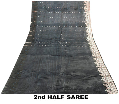 Sanskriti Vintage Saree Black 100% Pure Satin Silk 6+YD Sari Banarasi Brocade Zari Hand-Woven Home Decor, Sewing, DIY Projects, Upcycling