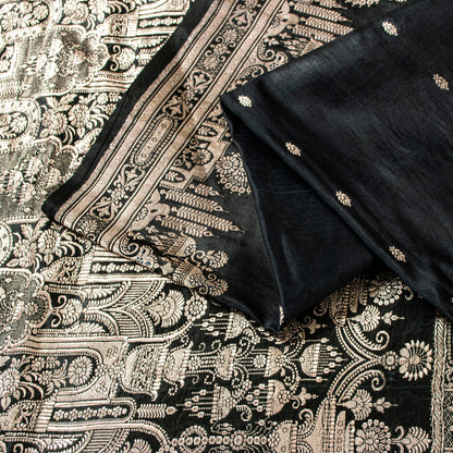 Sanskriti Vintage Saree Black 100% Pure Satin Silk 6+YD Sari Banarasi Brocade Zari Hand-Woven Home Decor, Sewing, DIY Projects, Upcycling