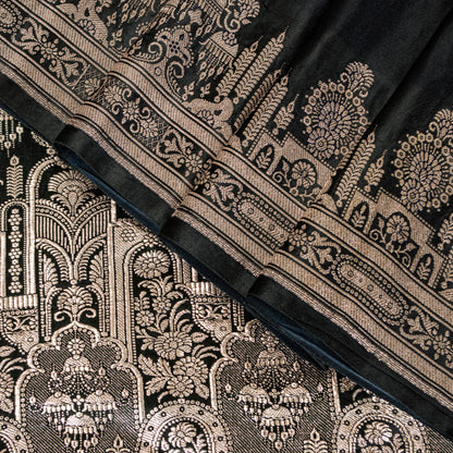Sanskriti Vintage Saree Black 100% Pure Satin Silk 6+YD Sari Banarasi Brocade Zari Hand-Woven Home Decor, Sewing, DIY Projects, Upcycling