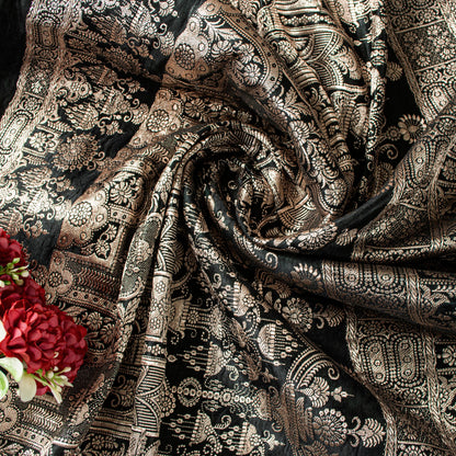 Sanskriti Vintage Saree Black 100% Pure Satin Silk 6+YD Sari Banarasi Brocade Zari Hand-Woven Home Decor, Sewing, DIY Projects, Upcycling