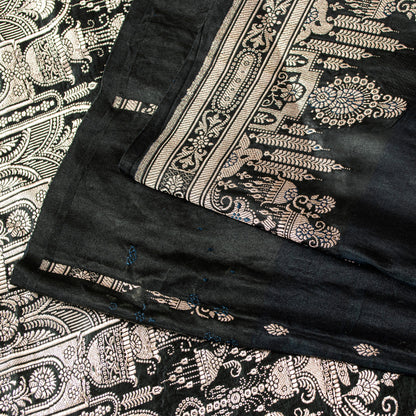 Sanskriti Vintage Saree Black 100% Pure Satin Silk 6+YD Sari Banarasi Brocade Zari Hand-Woven Home Decor, Sewing, DIY Projects, Upcycling