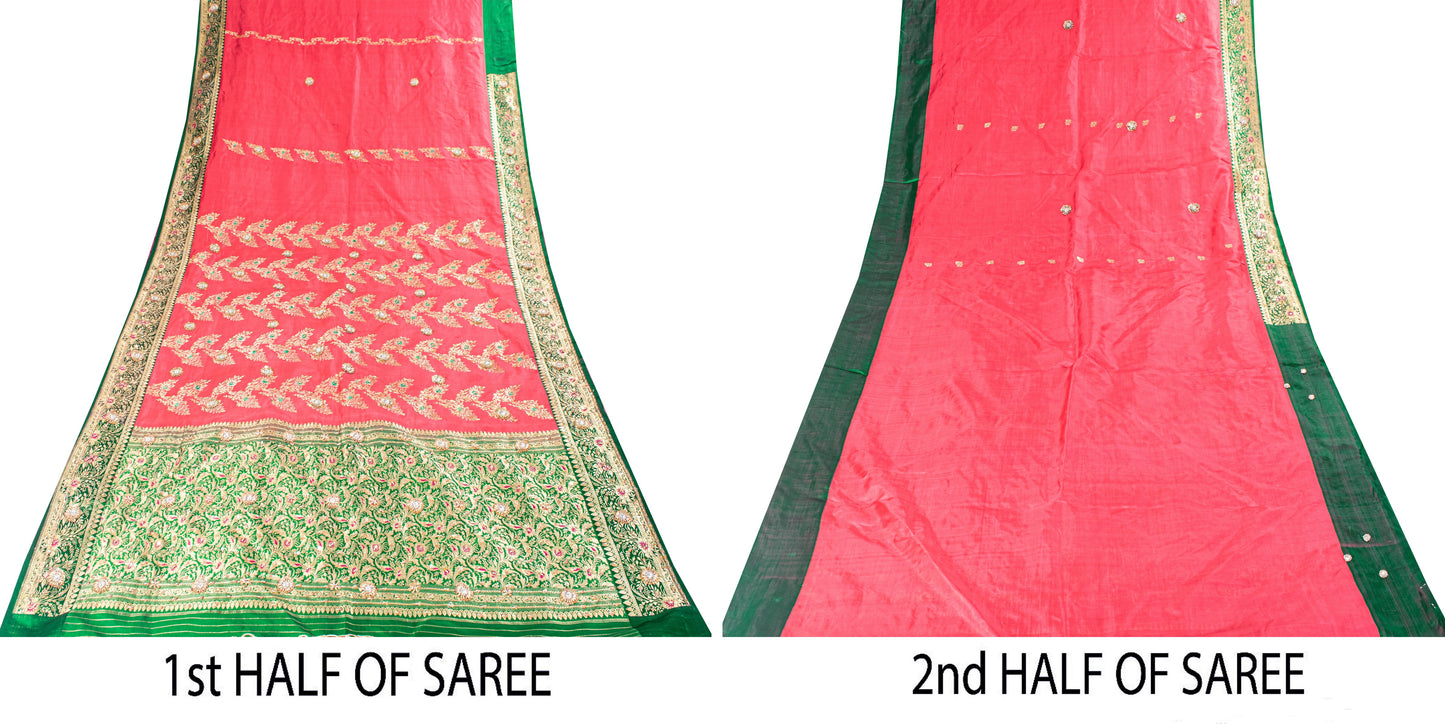 Sanskriti Vintage Pink-Pure Satin Sarees Banarasi Brocade Hand-Woven Beaded 5+YD