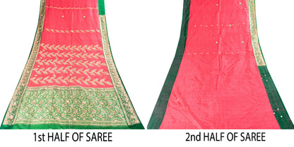 Sanskriti Vintage Pink-Pure Satin Sarees Banarasi Brocade Hand-Woven Beaded 5+YD