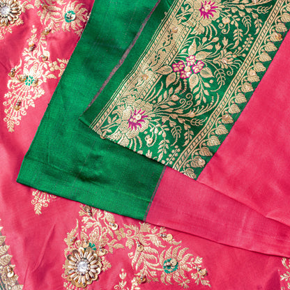 Sanskriti Vintage Pink-Pure Satin Sarees Banarasi Brocade Hand-Woven Beaded 5+YD