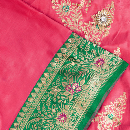Sanskriti Vintage Pink-Pure Satin Sarees Banarasi Brocade Hand-Woven Beaded 5+YD