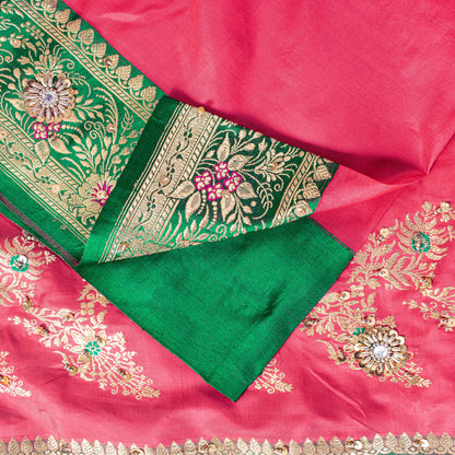 Sanskriti Vintage Pink-Pure Satin Sarees Banarasi Brocade Hand-Woven Beaded 5+YD
