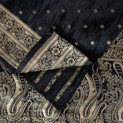 Sanskriti Vintage Black Pure Satin Sarees Banarasi Brocade Zari Handwoven 4.5+YD