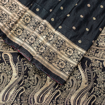 Sanskriti Vintage Black Pure Satin Sarees Banarasi Brocade Zari Handwoven 4.5+YD