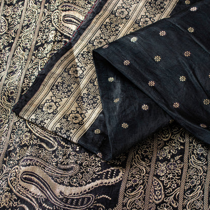 Sanskriti Vintage Black Pure Satin Sarees Banarasi Brocade Zari Handwoven 4.5+YD