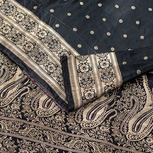 Sanskriti Vintage Black Pure Satin Sarees Banarasi Brocade Zari Handwoven 4.5+YD