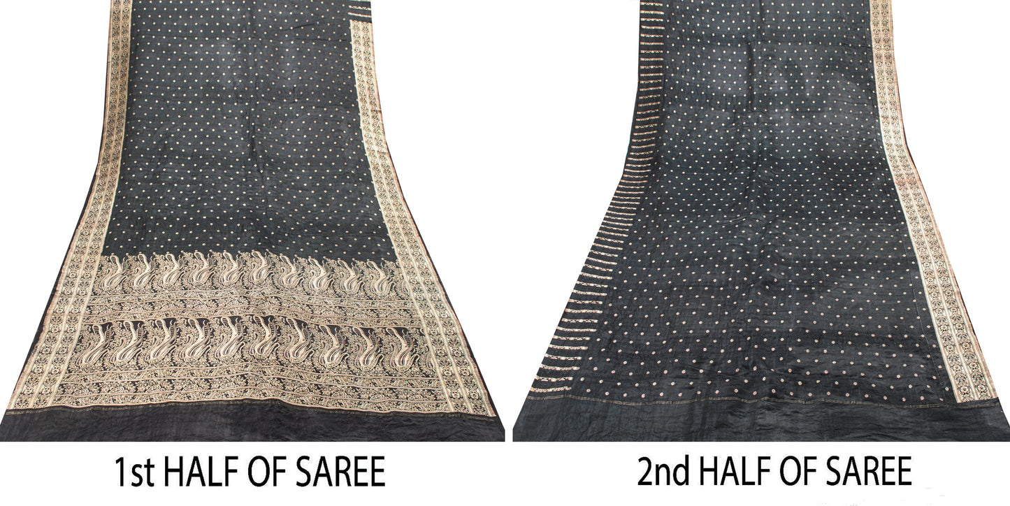 Sanskriti Vintage Black Pure Satin Sarees Banarasi Brocade Zari Handwoven 4.5+YD