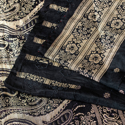 Sanskriti Vintage Black Pure Satin Sarees Banarasi Brocade Zari Handwoven 4.5+YD