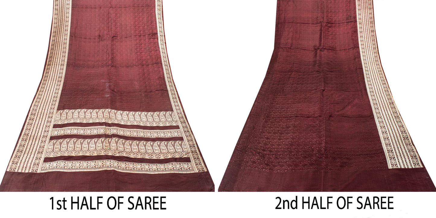 Sanskriti Vintage Saree Purple 100% Pure Satin Silk 5+Yd Sari Banarasi Brocade Zari Hand-Woven Create Dresses, Kaftan, Skirt, Top, Project