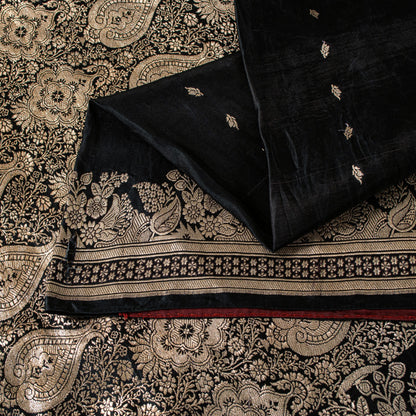 Sanskriti Vintage Black Pure Satin Sarees Banarasi Brocade Zari Handwoven 5.5+YD