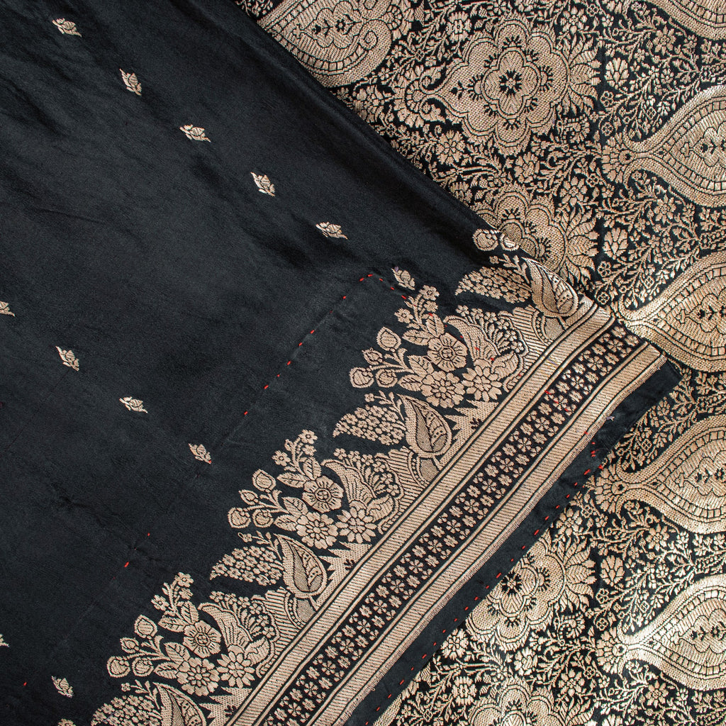 Sanskriti Vintage Black Pure Satin Sarees Banarasi Brocade Zari Handwoven 5.5+YD