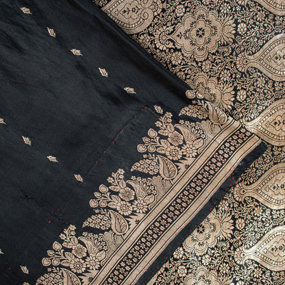 Sanskriti Vintage Black Pure Satin Sarees Banarasi Brocade Zari Handwoven 5.5+YD