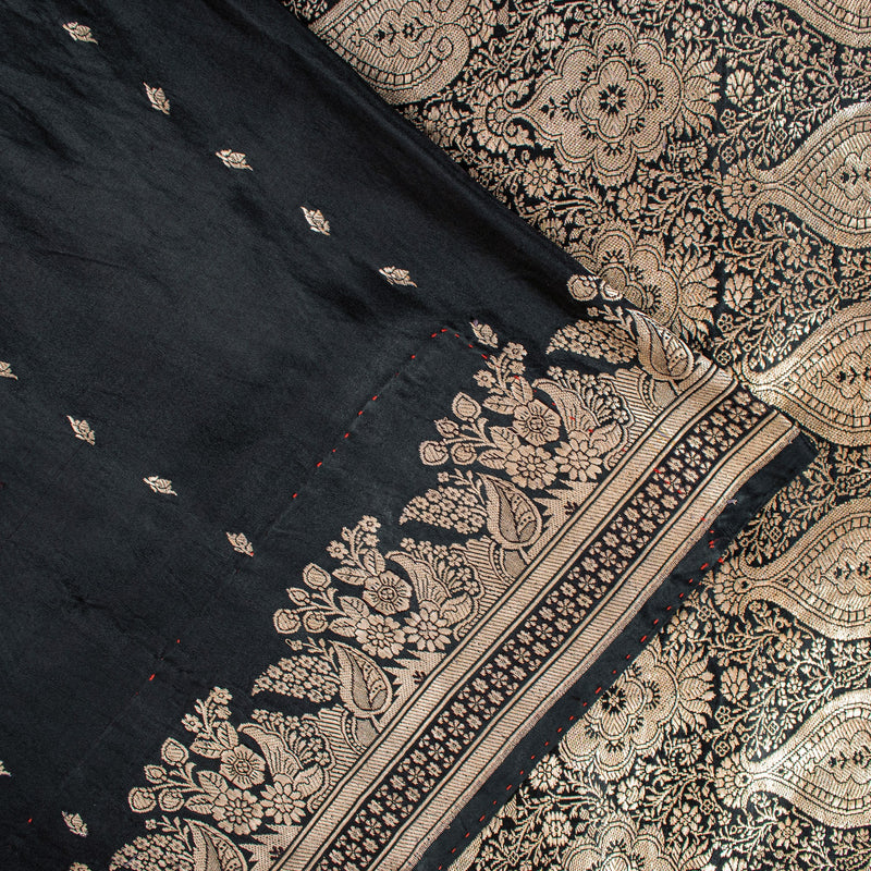 Sanskriti Vintage Saree Black 100% Pure Satin Silk Banarasi Brocade Zari Handwoven 5.5+Yd India Textile Heritage Supplies, Decor, Sewing