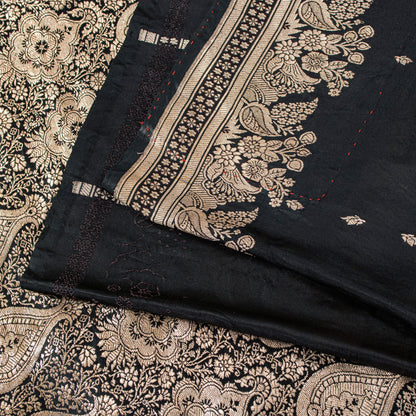 Sanskriti Vintage Black Pure Satin Sarees Banarasi Brocade Zari Handwoven 5.5+YD