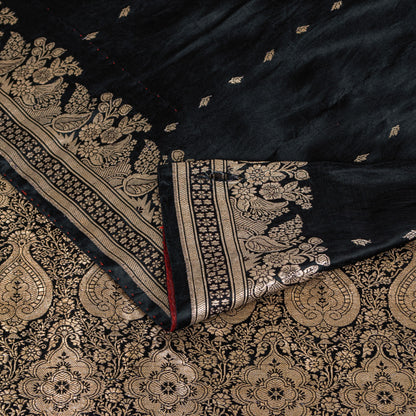 Sanskriti Vintage Black Pure Satin Sarees Banarasi Brocade Zari Handwoven 5.5+YD