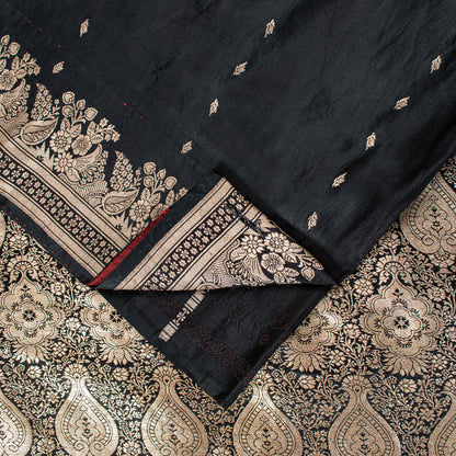 Sanskriti Vintage Black Pure Satin Sarees Banarasi Brocade Zari Handwoven 5.5+YD