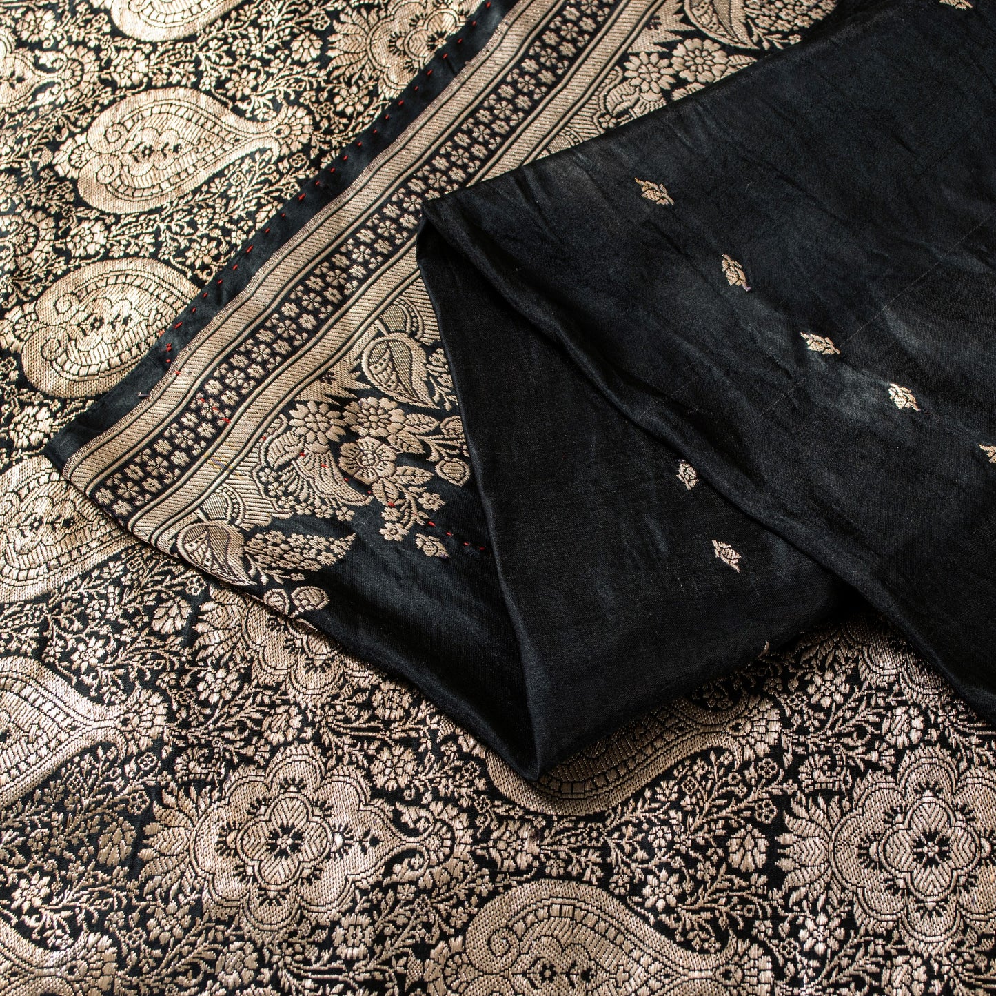Sanskriti Vintage Black Pure Satin Sarees Banarasi Brocade Zari Handwoven 5.5+YD
