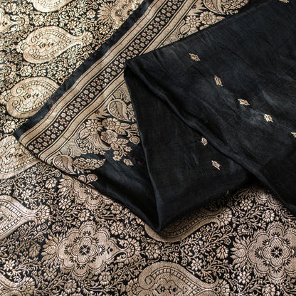 Sanskriti Vintage Black Pure Satin Sarees Banarasi Brocade Zari Handwoven 5.5+YD