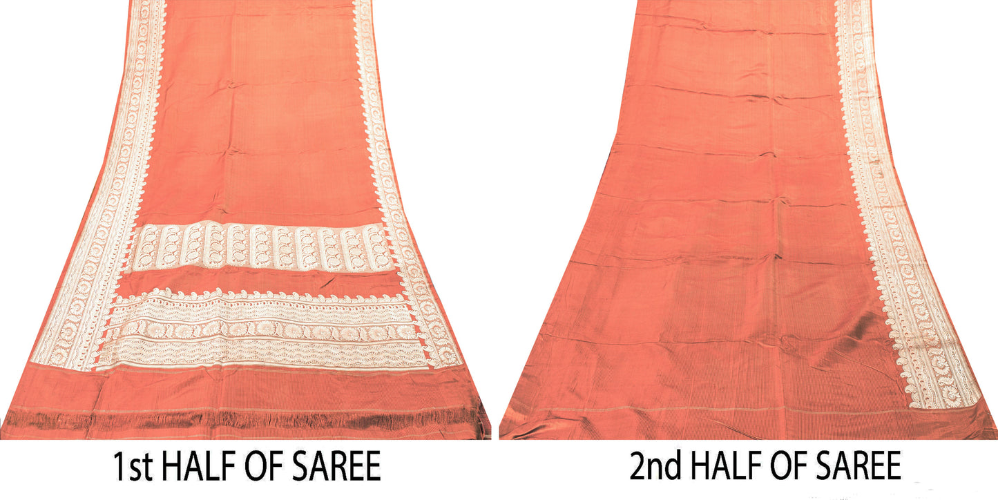Sanskriti Vintage Saree Red 100% Pure Satin Silk 5Yd Sari Banarasi Brocade Zari Handwoven Home Decor, Sewing, Upcycling, DIY Projects