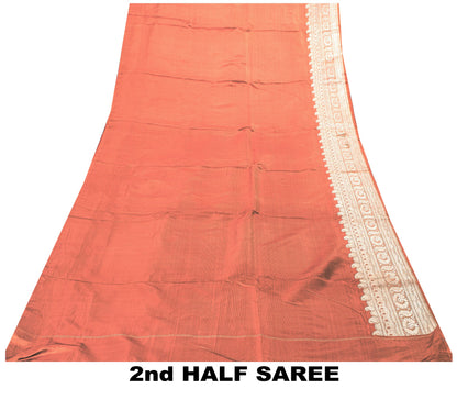 Sanskriti Vintage Saree Red 100% Pure Satin Silk 5Yd Sari Banarasi Brocade Zari Handwoven Home Decor, Sewing, Upcycling, DIY Projects
