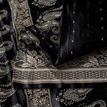 Sanskriti Vintage Black Pure Satin Sarees Banarasi Brocade Zari Hand-Woven 5 YD