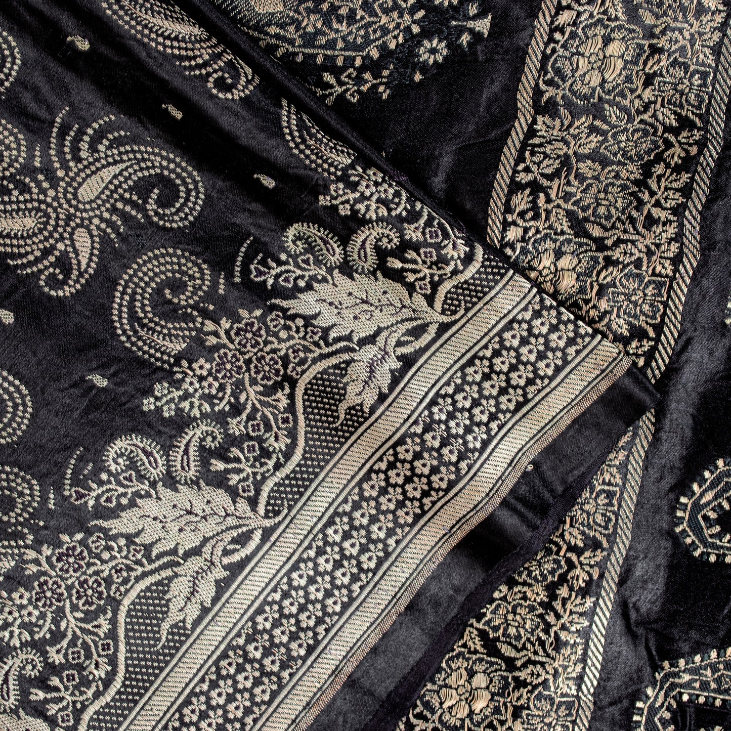 Sanskriti Vintage Black Pure Satin Sarees Banarasi Brocade Zari Hand-Woven 5 YD