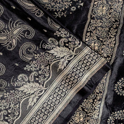 Sanskriti Vintage Black Pure Satin Sarees Banarasi Brocade Zari Hand-Woven 5 YD