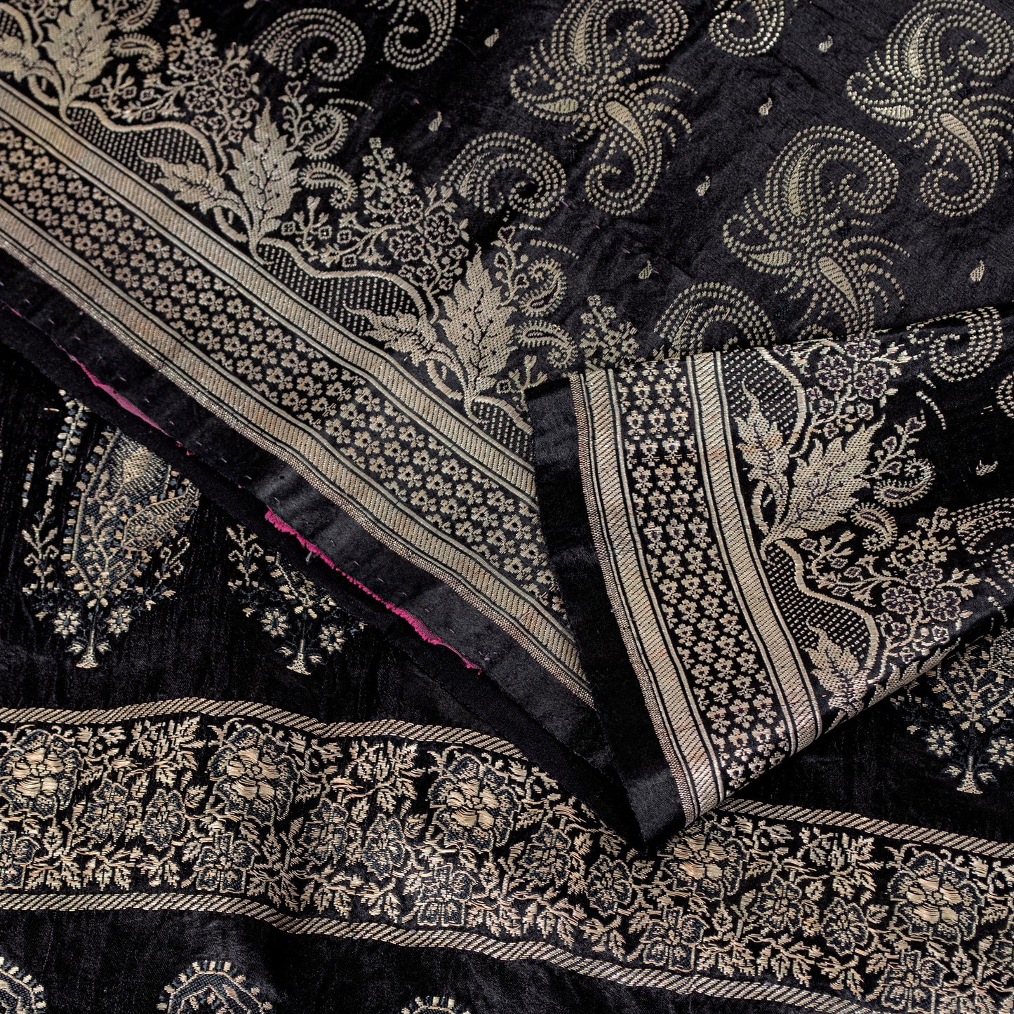 Sanskriti Vintage Black Pure Satin Sarees Banarasi Brocade Zari Hand-Woven 5 YD