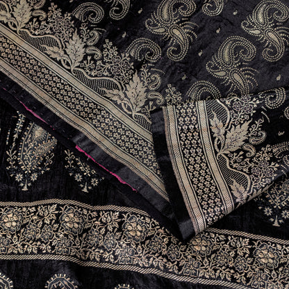 Sanskriti Vintage Black Pure Satin Sarees Banarasi Brocade Zari Hand-Woven 5 YD
