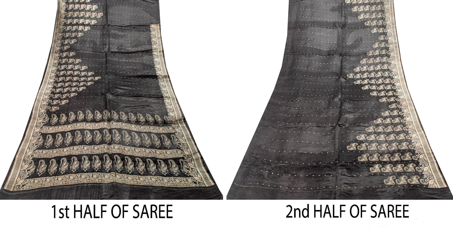 Sanskriti Vintage Black Pure Satin Sarees Banarasi Brocade Zari Hand-Woven 5 YD