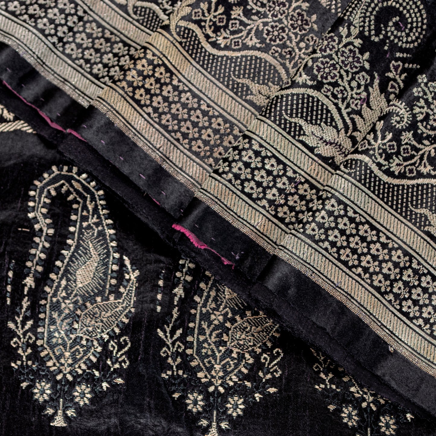 Sanskriti Vintage Black Pure Satin Sarees Banarasi Brocade Zari Hand-Woven 5 YD