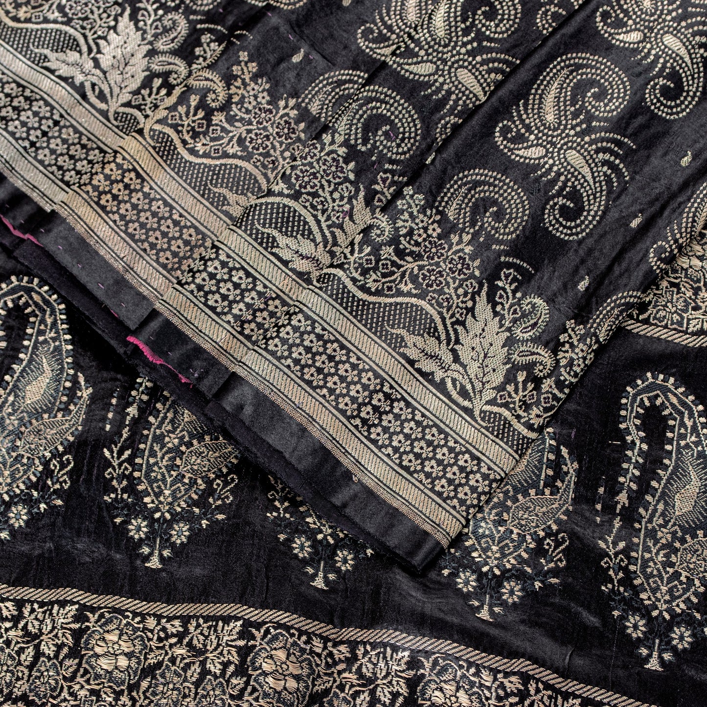 Sanskriti Vintage Black Pure Satin Sarees Banarasi Brocade Zari Hand-Woven 5 YD