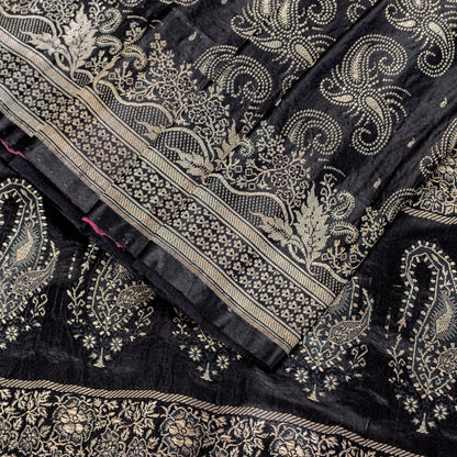 Sanskriti Vintage Black Pure Satin Sarees Banarasi Brocade Zari Hand-Woven 5 YD