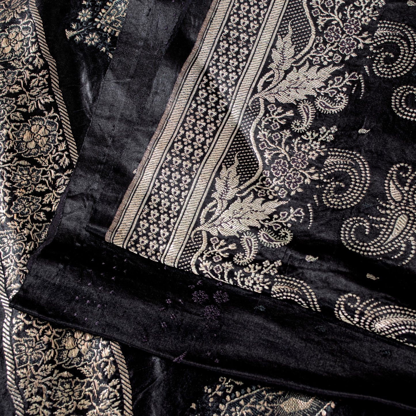 Sanskriti Vintage Black Pure Satin Sarees Banarasi Brocade Zari Hand-Woven 5 YD