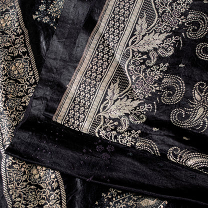 Sanskriti Vintage Black Pure Satin Sarees Banarasi Brocade Zari Hand-Woven 5 YD