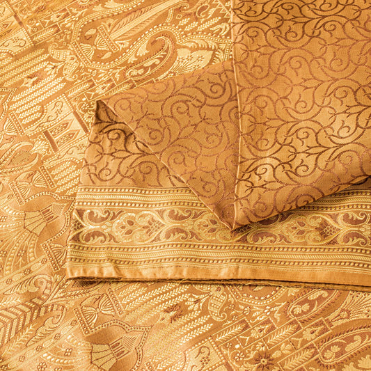 Sanskriti Vintage Brown Pure Satin Sarees Banarasi Brocade Sari Hand Woven 5+YD