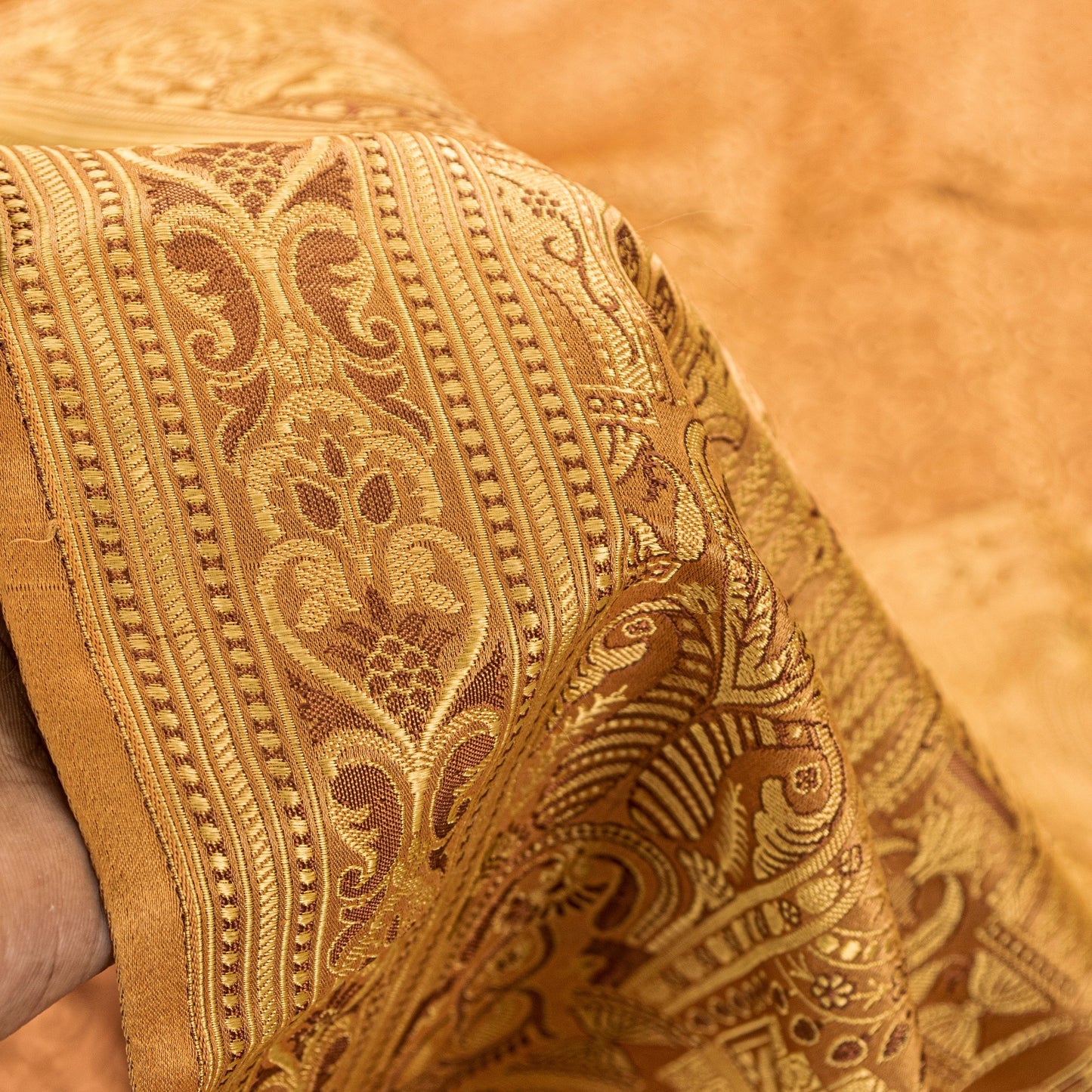 Sanskriti Vintage Saree Brown 100% Pure Satin Silk 5+Yd Sari Banarasi Brocade Sari Hand Woven Home Decor, Sewing, DIY Projects