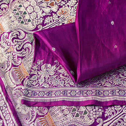 Sanskriti Vintage Purple Pure Satin Sarees Banarasi Brocade Zari Hand-woven5+YD